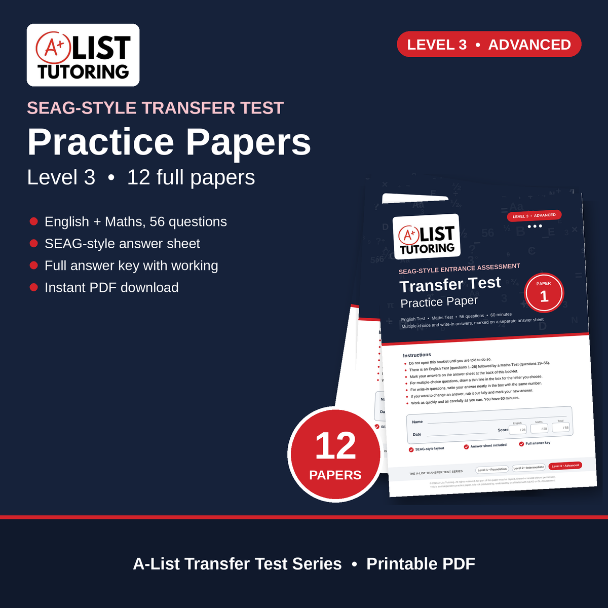 SEAG Transfer Test Practice Papers – Level 3 (Advanced) – 12 Papers PDF