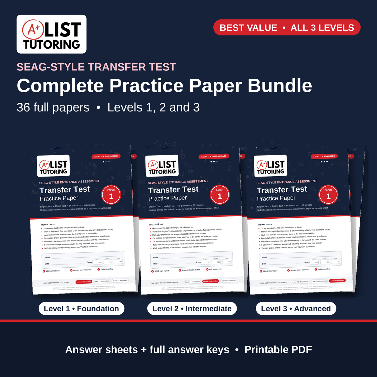 SEAG Transfer Test Practice Papers – Complete Bundle (Levels 1, 2 & 3) – 36 Papers PDF